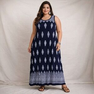 Avenue Plus Sz 26/28 Navy Blue White Paisley Print Sleeveless Maxi Dress Boho